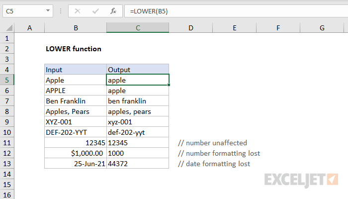 Lower case deals in excel